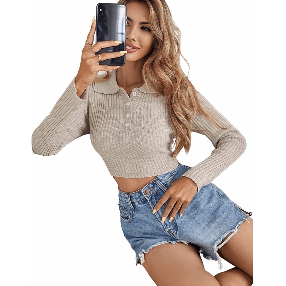 Ribbed Collared Half Button Sweater - image 4